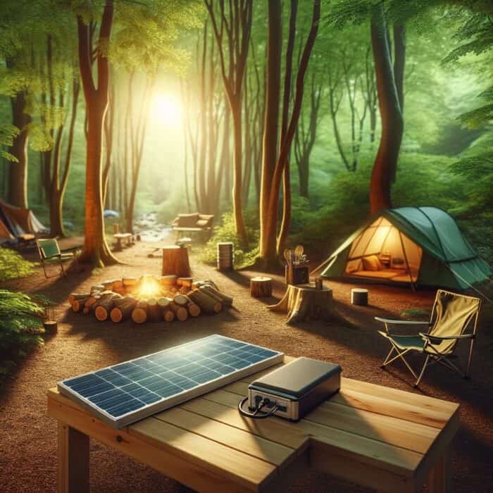 A solar panel on a table in a campsite